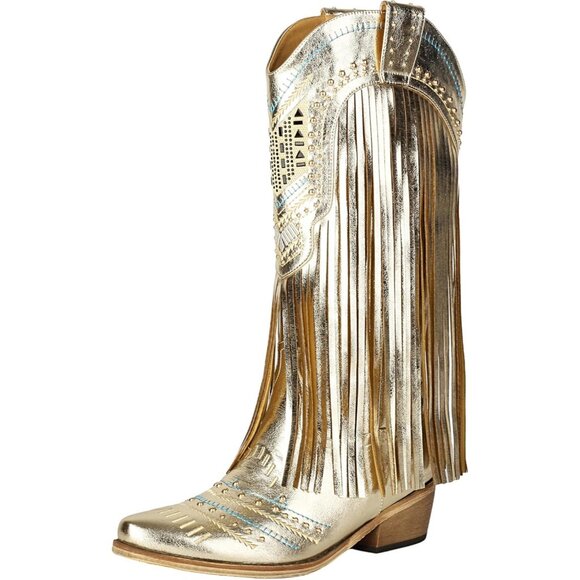 Women's Gold Wide Calf Embroidered Tassal Cowgirl Boot Knee High Snip Toe - Picture 1 of 7